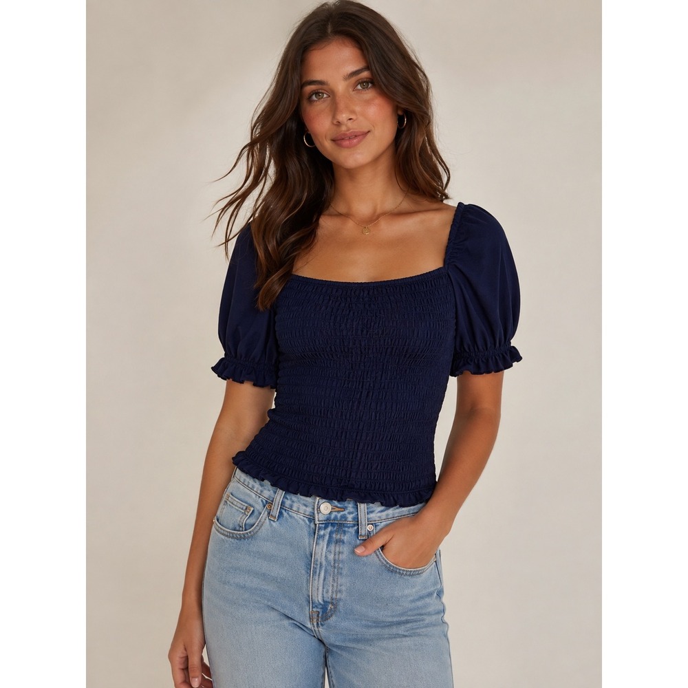 Urban Romantics Navy Blue Smocked Puff Sleeve Square Neck Top Medium